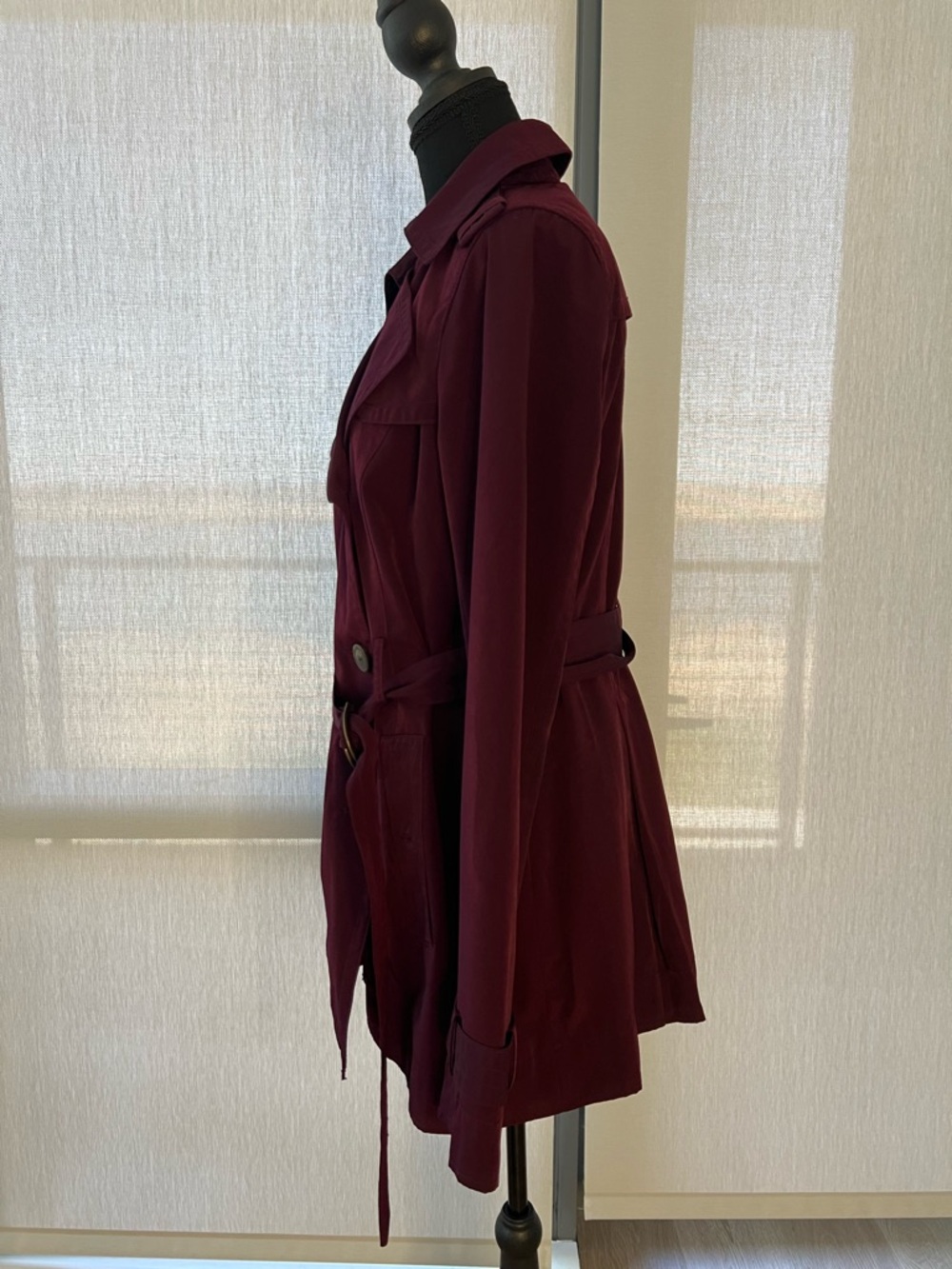 Worthington Double-Breasted Burgundy Trench Coat with Belted Waist - Picture 3 of 4